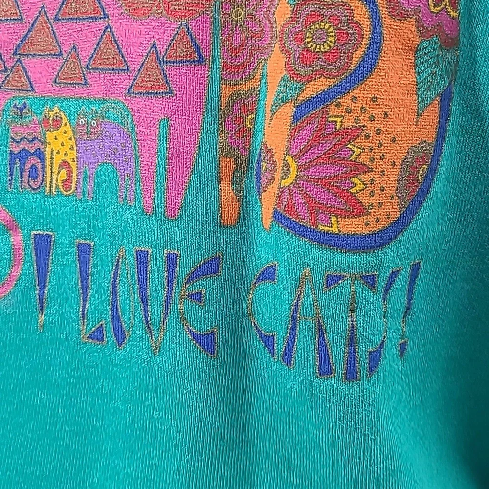 Vintage Laurel Burch I LOVE CATS! Sweatshirt teal green large hanes - Picture 2 of 16